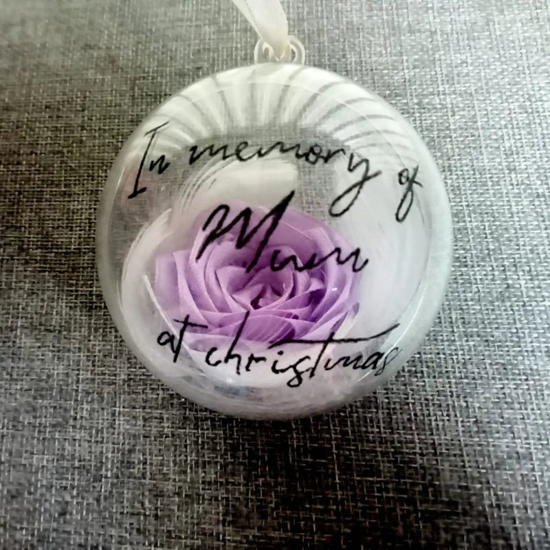 Personalised tribute bauble with purple rose and remembrance message for Christmas
