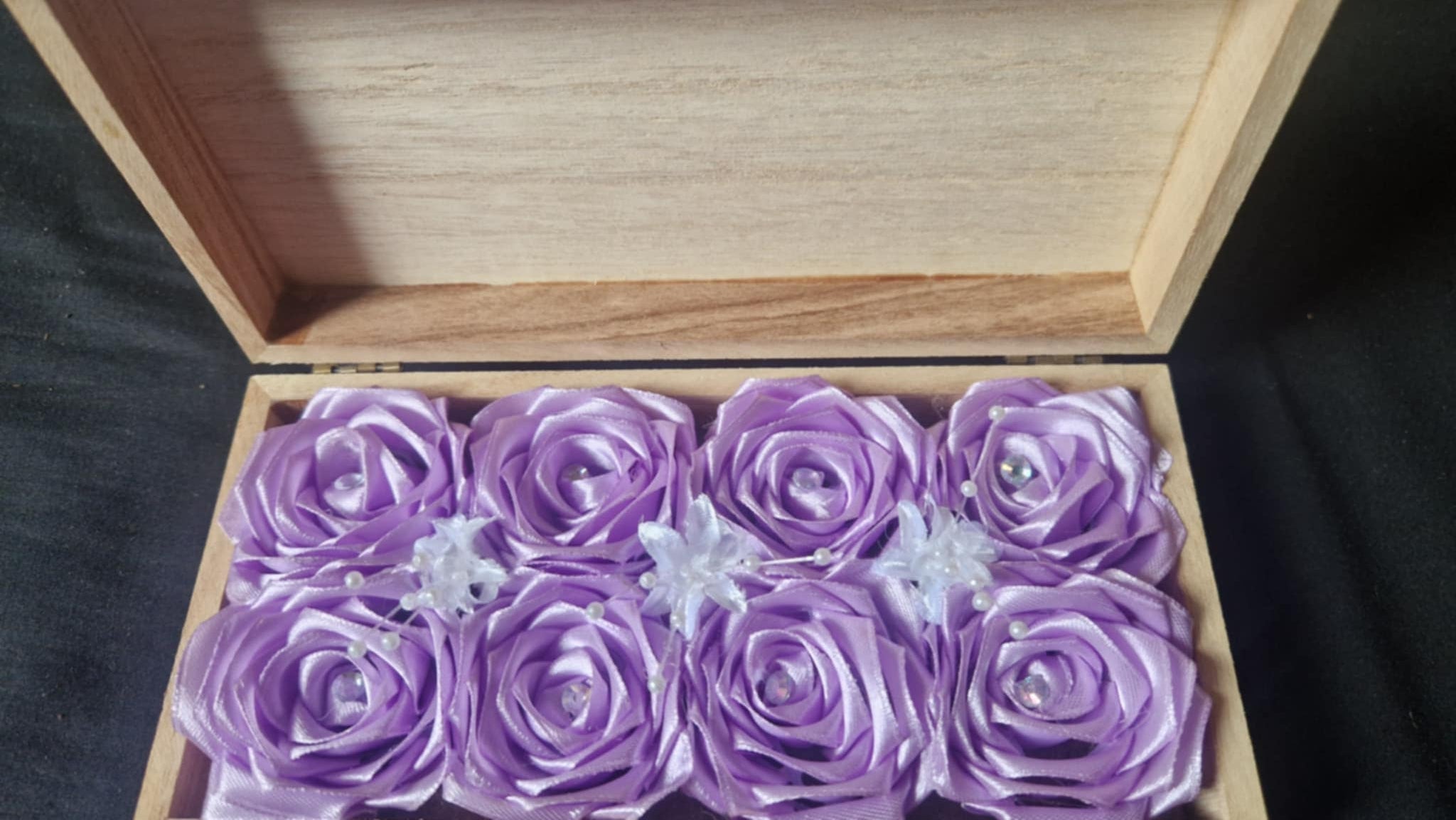 Light orchid Satin Roses in Latching Wooden Box for Gifts and Decor from The Satin Rose Shop