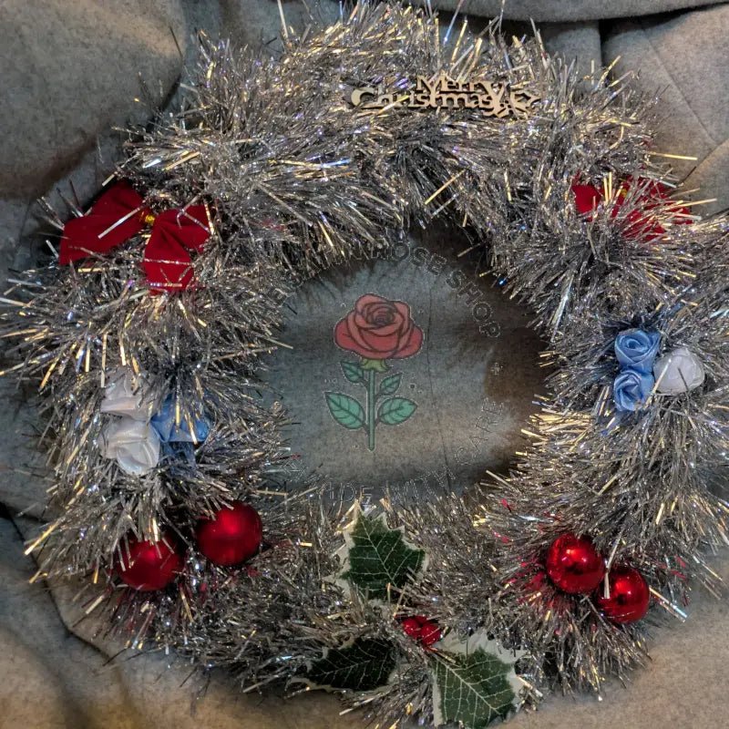 Silver Homemade Christmas Wreath with Satin Roses and Holly - The Satin Rose Shop