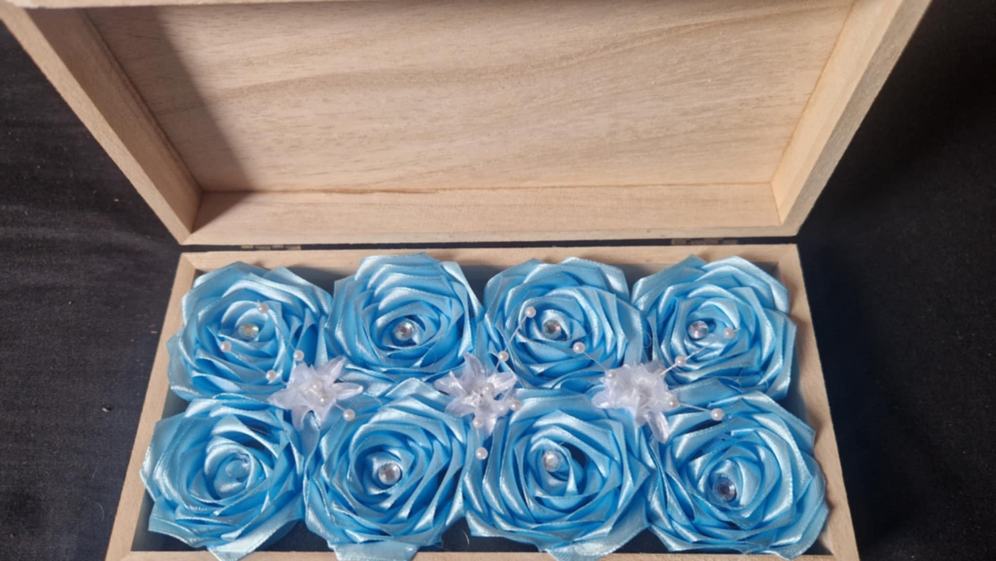 Vivid blue Satin Roses in Latching Wooden Box for Gifts and Decor from The Satin Rose Shop